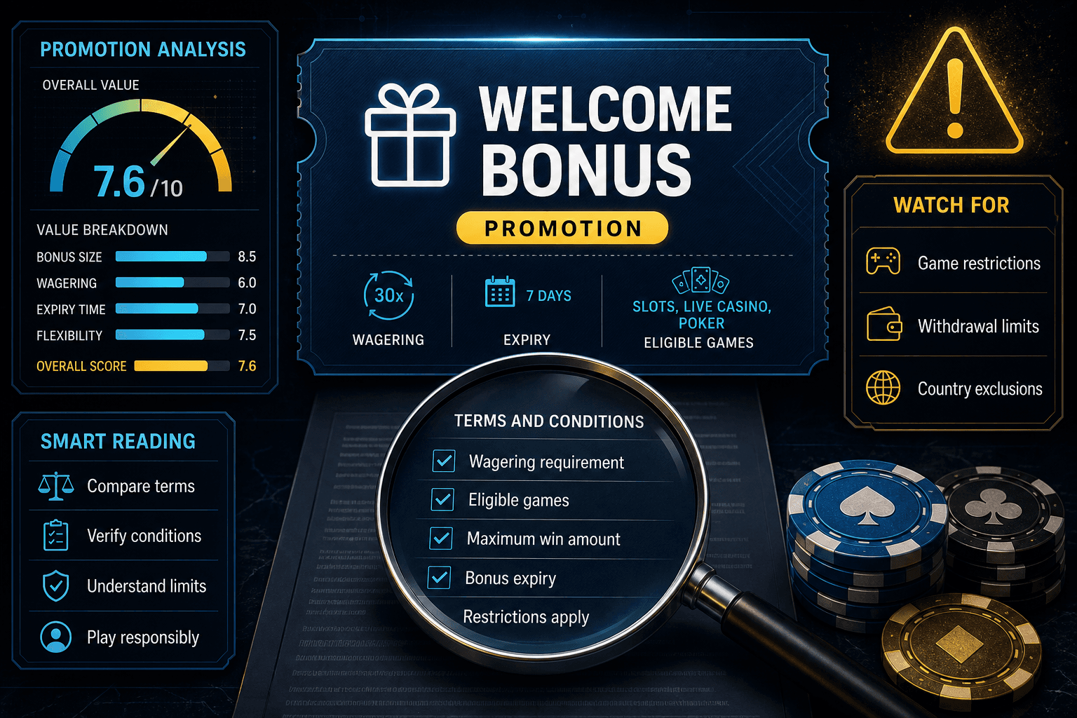 Editorial analysis of welcome bonuses, terms and conditions, wagering and expiry