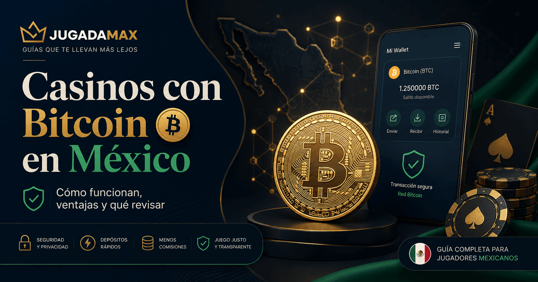 Ilustración editorial sobre casinos con Bitcoin, wallets cripto y juego responsable en México