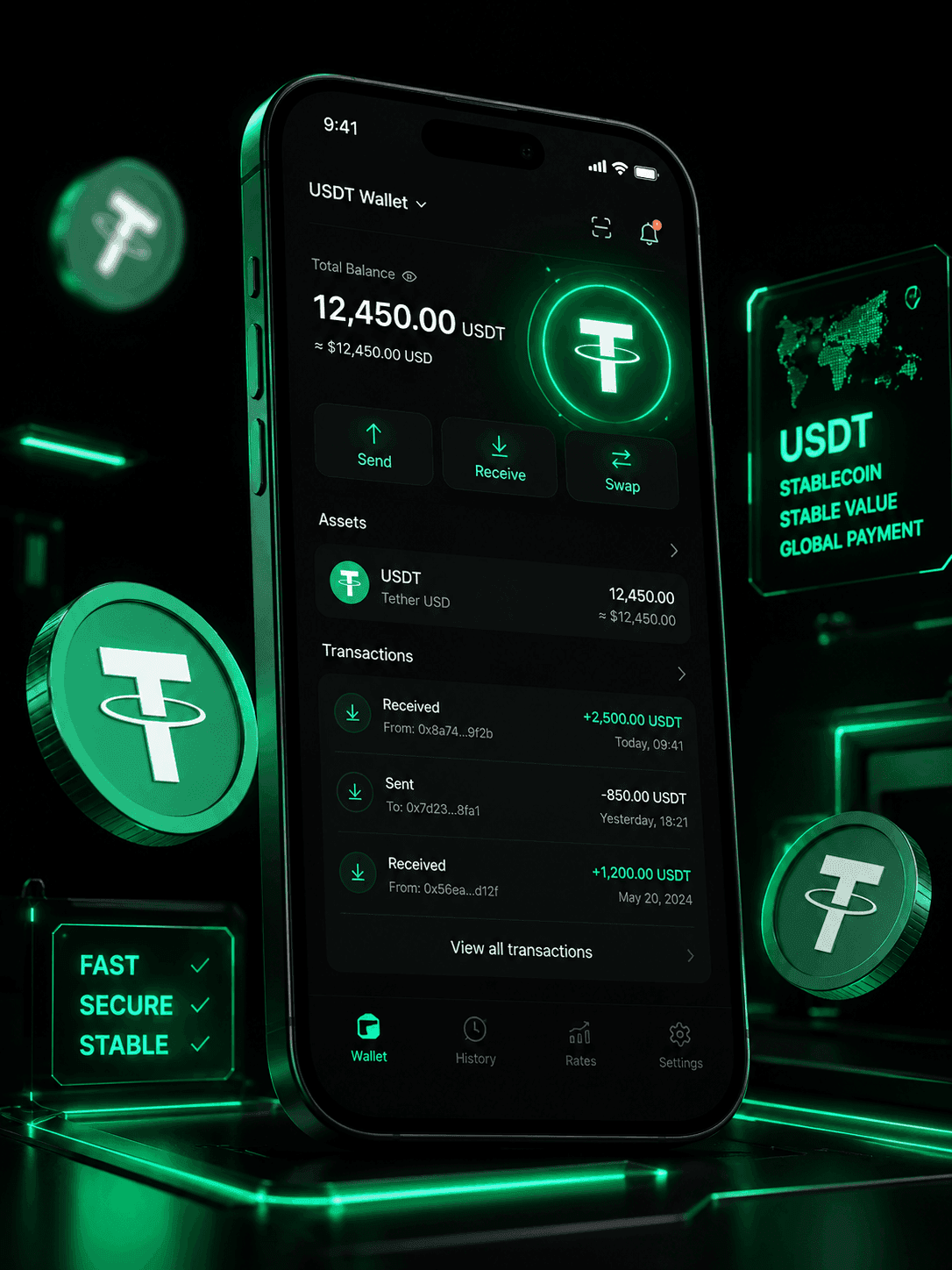 Ilustración editorial sobre casinos con USDT, stablecoins, wallets cripto y juego responsable