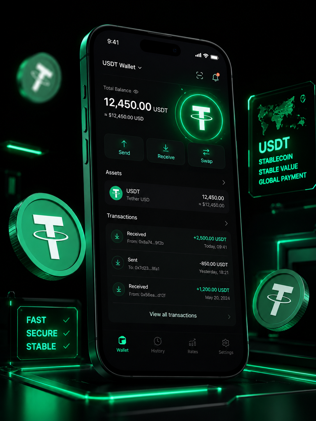 Ilustración editorial sobre casinos con USDT, stablecoins, wallets crypto y juego responsable